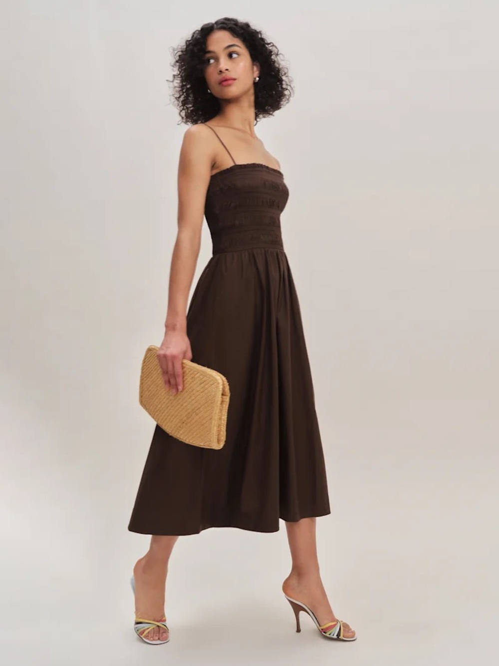 Reformation Chocolate Brown Smocked Midi Dress